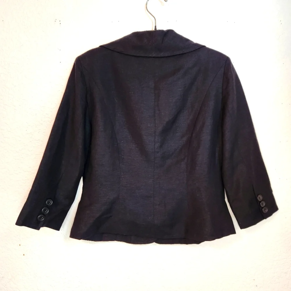 JG Hook Vintage Elegant Black Linen Blend Blazer w/ 3/4‎ Sleeves & Button Detail